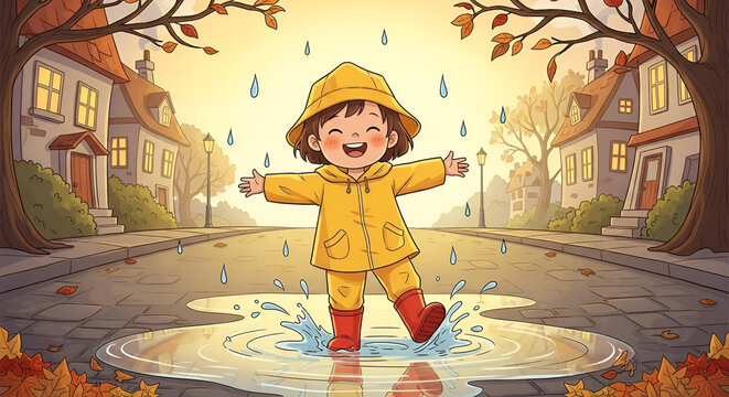 Joyful child in yellow raincoat splashes gleefully in autumn puddles on a quaint street, evoking pure childhood happiness and carefree fun.