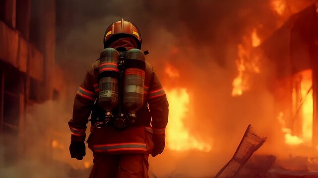 A firefighter stands amidst a smoky haze amidst a burning structure, with a backdrop of intense orange and yellow flames. The firefighters attire is a mix of red and black.