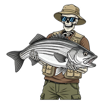 Retro style skeleton fisherman holding striped bass big fish vector illustration