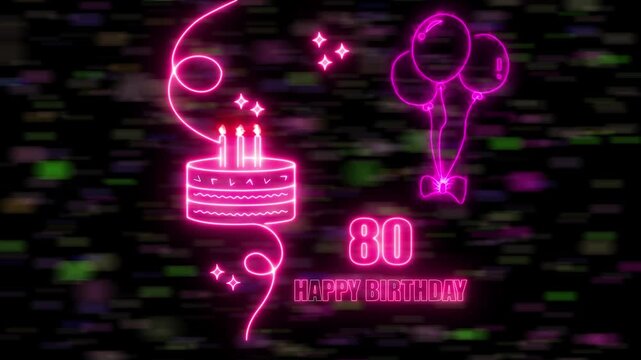 80th age, anniversary Cake with burning candle in happy positive emotions Birthday Celebration Glowing flicker star neon space glittering Screen neon Balloon colorful, confetti congratulation.. 