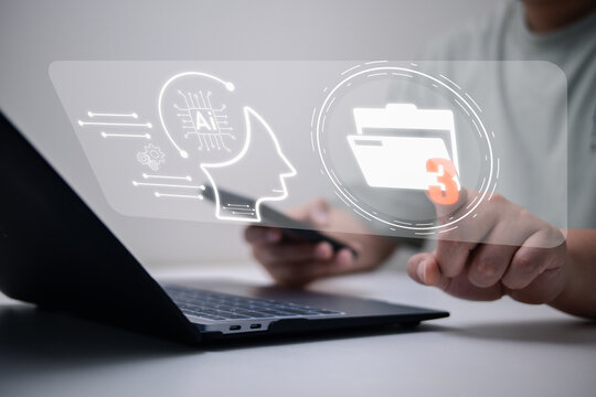 AI-powered data management interface visualized with digital icons of a human head, circuit brain, and folder notification, representing intelligent file processing and machine learning systems.