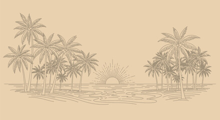 Elegantly designed tropical beach landscape with line art palm trees and a sunset at sea horizon