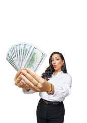 Jackpot entrepreneur, economist, banker, chic, elegant businesswoman showing bonus money to the camera, isolated on free png background. Attractive, confident, shrewd, clever, wealthy luxury woman.