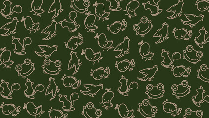 Seamless cute beige animal pattern with frog fish bird and squirrel on dark green background