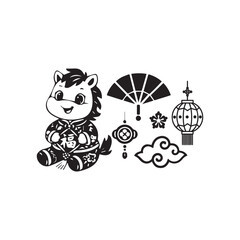 Black cute illustration and collection element lunar new year horse chinese zodiac isolated