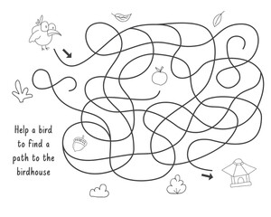 Labyrinth, Maze game for children. Logical puzzle for kids. Quest to find the right path for a bird to the bird house. Vector illustration