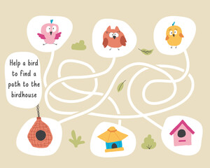 Labyrinth, Maze game for children. Logical puzzle for kids. Quest to find the right path for a bird to the birdhouse. Vector illustration
