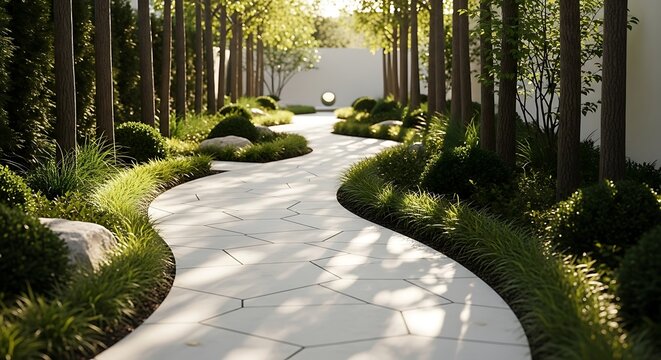Modern garden design with stone path winding through manicured greenery