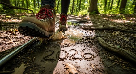 Hiking boots on trail with 2026 inscription