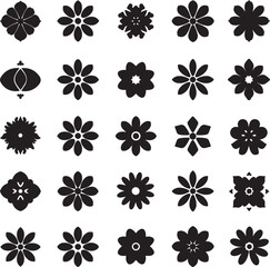 Black and White Flower Silhouette Set,
Floral Vector Icons Collection,
Decorative Blossom Pattern Design