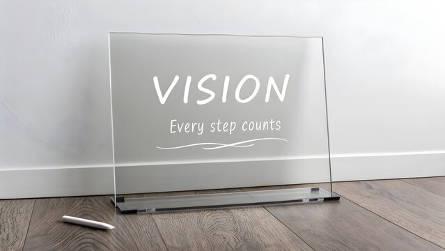 Clear acrylic board displaying the word Vision with motivational text