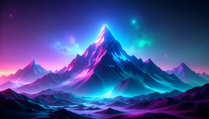 Vibrant neon glowing mountains illuminate a breathtaking futuristic fantasy landscape, with mystical cosmic colors painting majestic peaks and valleys under a starlit sky