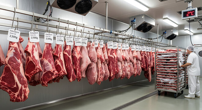 A refrigerated warehouse showcases rows of beef carcasses hanging from hooks, with a worker pushing a cart filled with stacked meat trays