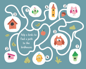 Labyrinth, Maze game for children. Logical puzzle for kids. Quest to find the right path for a bird to the birdhouse. Vector illustration