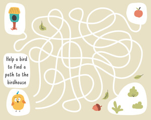 Labyrinth, Maze game for children. Logical puzzle for kids. Quest to find the right path for a bird to the birdhouse. Vector illustration