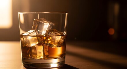 Elegant drink presentation with amber liquid and clear ice cubes display