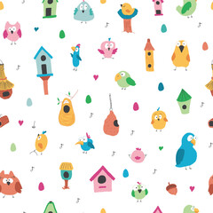Cute birds and their birdhouses seamless pattern. Cute Cartoon birds background. Vector Illustration.