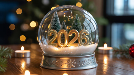 Glass snow globe with golden 2026 numbers and miniature snow-covered trees inside, surrounded by lit tealight candles on a wooden table with blurred festive lights