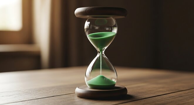 Elegant hourglass with green sand on wooden table depicting passing time