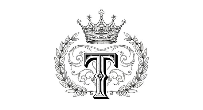 Monogram 'T' design with royal crown and wreath for branding and decorative purposes