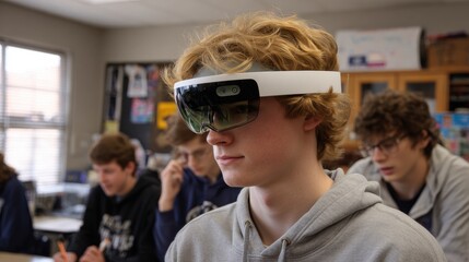 Student Engages in Immersive Digital Learning With Augmented Reality Headset in Classroom Setting
