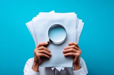 A person holding papers and a magnifying glass against a blue backdrop.