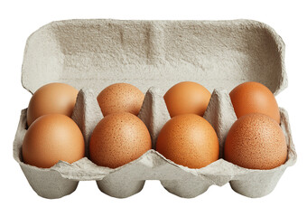Six fresh brown eggs in carton isolated on a transparent background