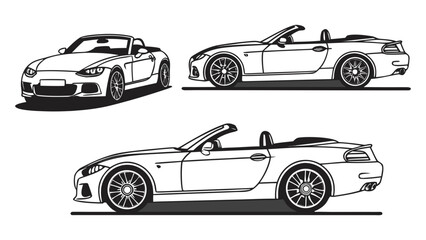 Sleek black and white vector illustrations of modern convertible sports cars, diverse views perfect for dynamic automotive graphic assets and advanced transportation icons