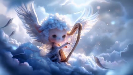 A digital artwork featuring a whimsical angelic figure playing a harp amidst a cloudfilled sky. The angel is rendered in a fantasy style, with intricate details and a soft, ethereal color palette.