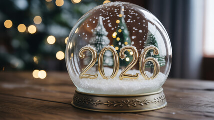Decorative glass snow globe featuring golden 2026 numbers and miniature snow-covered trees, placed on a rustic wooden surface with soft bokeh lights in a festive interior