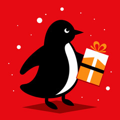 Cute cartoon penguin holding a festive gift box with a red background isolated on white background isolated on transparent background silhouette