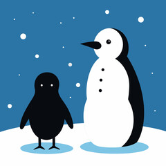 Two stylized penguins standing in a snowy landscape silhouette isolated on white background isolated on transparent background