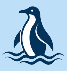 Stylized dark blue penguin with white belly on wavy water isolated on white background isolated on transparent background silhouette