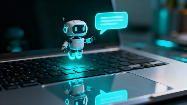 A small animated robot stands on a laptop keyboard with a glowing chat bubble, ideal for technology-themed projects or articles on communication.
