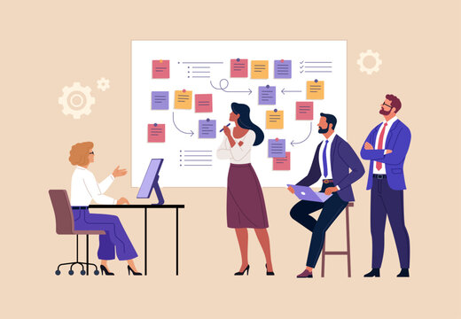 Business Office Concept. Vector illustration of diverse business team discussing workflow with sticky notes on board. Teamwork, planning, management and corporate communication. Isolated on background