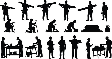 Construction worker, labor silhouette, industrial task, tool action, site crew, cad drawing flat vector illustration