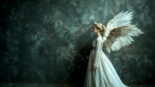 A woman with angelic wings stands against a textured gray backdrop. She is dressed in a flowing white dress with intricate lace detailing. The wings are large and white.
