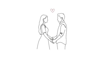 Minimalist one line illustration of romantic couple holding hands and looking at each other,