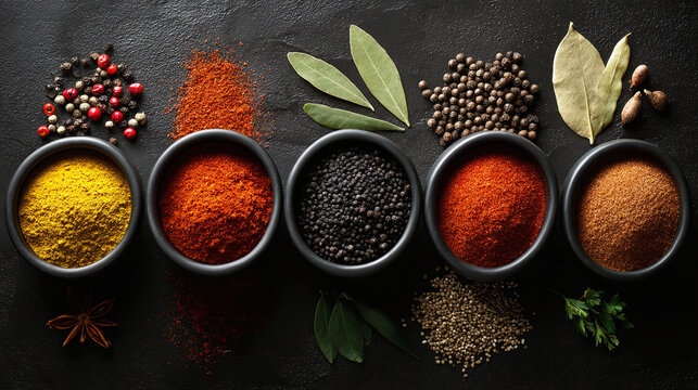 An array of spices and herbs displayed in small bowls