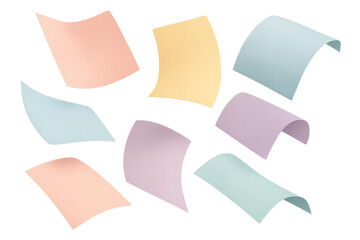 Pastel color paper sheets floating in air. Colorful design for memos, notes, and reminders with a transparent background