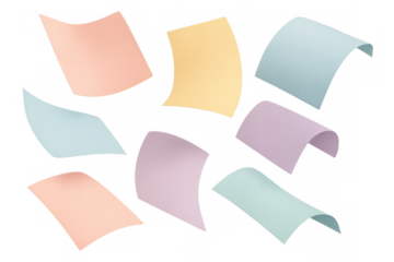 Pastel color paper sheets floating in air. Colorful design for memos, notes, and reminders with a transparent background