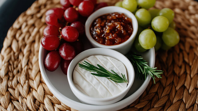 Fresh grapes and cheese with jam on a decorative platter
