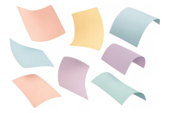 Pastel color paper sheets floating in air. Colorful design for memos, notes, and reminders with a transparent background