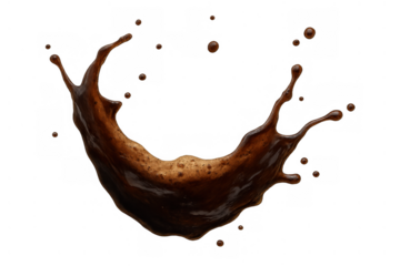 Coffee liquid splash with brown drops flying, dynamic beverage movement creating splashes on transparent background