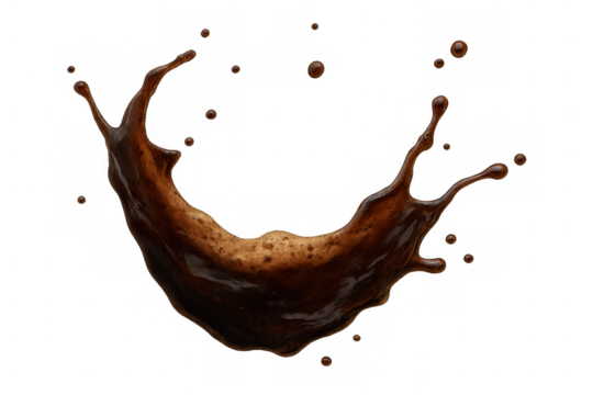 Coffee liquid splash with brown drops flying, dynamic beverage movement creating splashes on transparent background