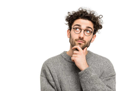 Man in Glasses Thinking isolated on a transparent background