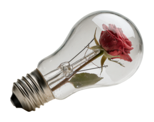 Artistic light bulb with rose inside still life isolated on transparent background