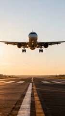 An airplane approaches the runway during sunset, showcasing its landing gear and the runway markings in the foreground.