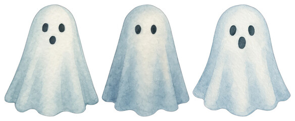 PNG Cute watercolor ghost illustrations, element set on transparent background