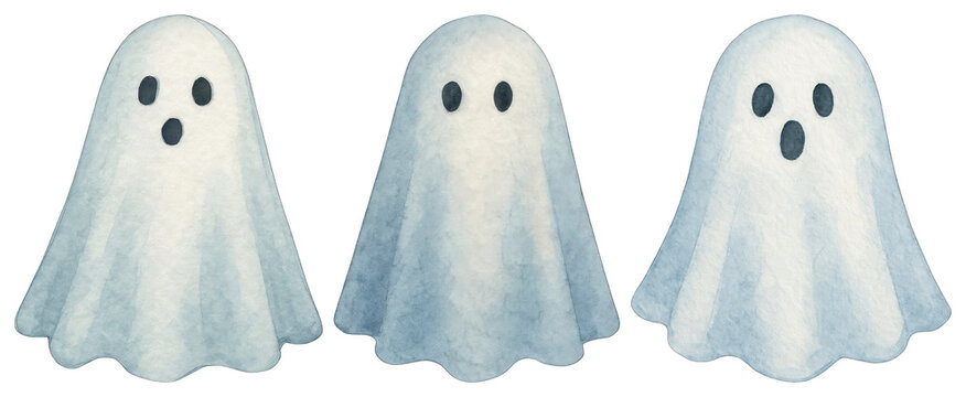 PNG Cute watercolor ghost illustrations, element set on transparent background